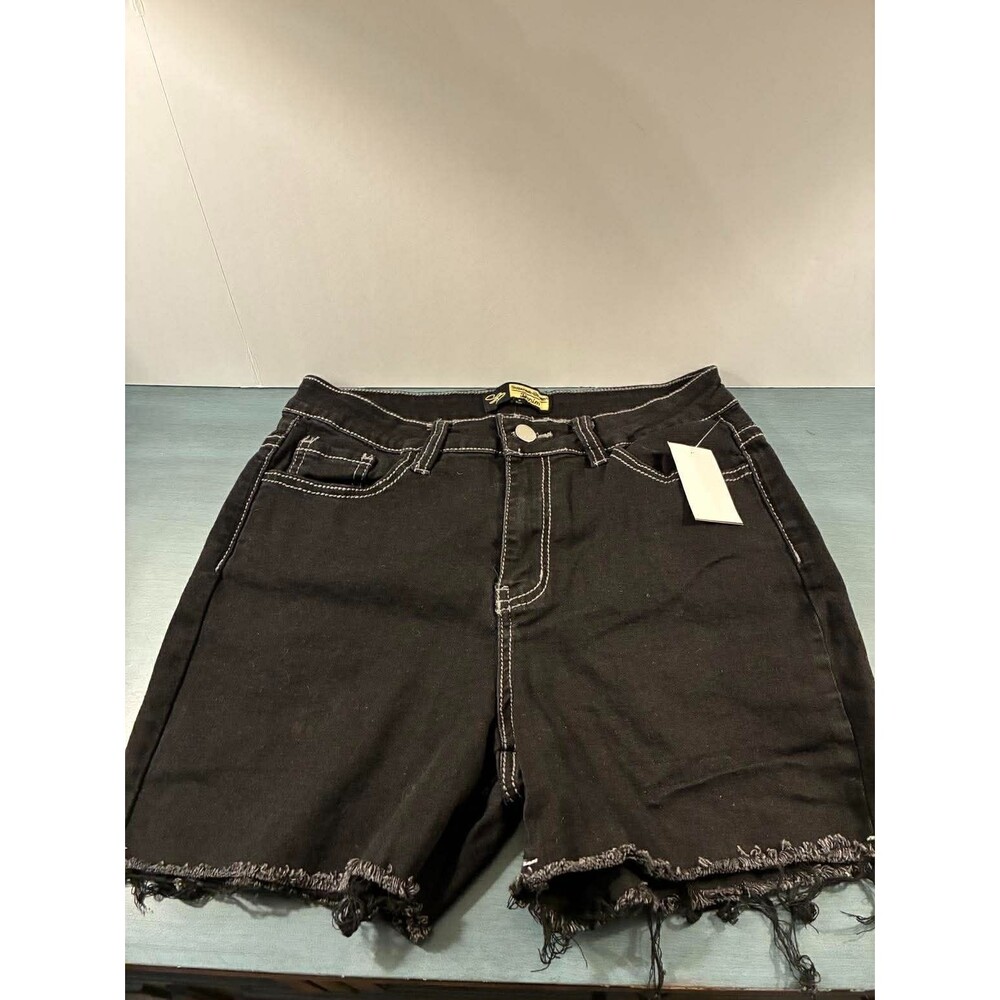 Suzanne Betro Denim Shorts Womens 8 Black Fringe Hem‎ Embroidered Pockets Casual